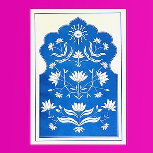 Lotus and Sun Pattern Motif in Blue | Risograph | Large A3 Print