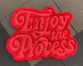 Enjoy the Process Rug, Motivational Tufted Wall Rug, Custom Hand Tufted Quote Carpet, Modern Home Decor Bold Red Statement Rug