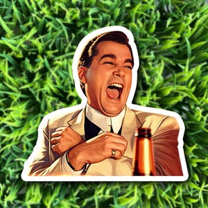 May include: A sticker featuring a laughing man in a suit, with his arms crossed and a bottle in front of him. The man is depicted with a wide open mouth and appears to be laughing hysterically. The sticker is set against a green background.