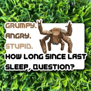 May include: A sticker featuring a brown, insect-like creature with its arms raised. The sticker has text that reads "GRUMPY. ANGRY. STUPID. HOW LONG SINCE LAST SLEEP, QUESTION?" The background is green.