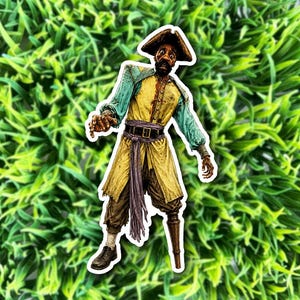 May include: A die-cut sticker featuring a pirate character with a weathered face, a dark tricorn hat, a yellow tunic, teal sleeves, and brown trousers. The pirate has a wooden peg leg, a black belt with a buckle, and a long purple waist sash.