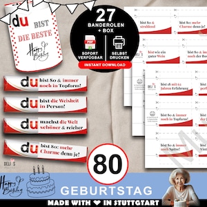 Duplo Banderolen, Geschenk 80. Geburtstag, Geburtstagsgeschenk Mann, Mitbringsel Frau, DIY Geschenkidee drucken, 80 Jahre Feier, pdf, A094