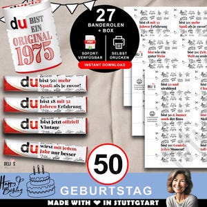 Duplo Banderolen, Geschenk 50. Geburtstag, Geburtstagsgeschenk Mann, Mitbringsel Frau, DIY Geschenkidee drucken, 50 Jahre Feier, pdf, A083
