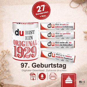 Duplo Banderolen, Geschenk 97. Geburtstag, Jahrgang 1929, Geburtstagsgeschenk Mann, Mitbringsel Frau, DIY Geschenkidee, 97 Jahre Feier, A163