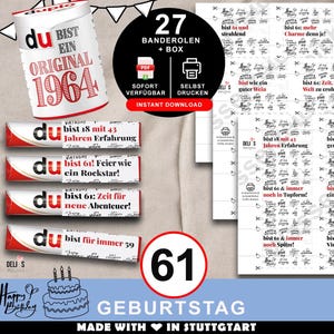 Duplo Banderolen, Geschenk 61. Geburtstag, Jahrgang 1964, Geburtstagsgeschenk Mann, Mitbringsel Frau, DIY Geschenkidee, 61 Jahre Feier, A196