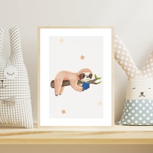 Poster Faultier, Aquarell Wanddeko Babyzimmer, Geschenkidee Geburt Safari, Einschulung Geschenk Tier, sanfte Töne, pdf sofort drucken, A157