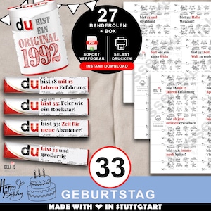 Duplo Banderolen, Geschenk 33. Geburtstag, Jahrgang 1992, Geburtstagsgeschenk Mann, Mitbringsel Frau, DIY Geschenkidee, 33 Jahre Feier, A221
