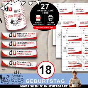 Duplo Banderolen, Geschenk 18. Geburtstag, Geburtstagsgeschenk Junge, Mitbringsel Mädchen, DIY Geschenkidee drucken, 18 Jahre Feier, A071