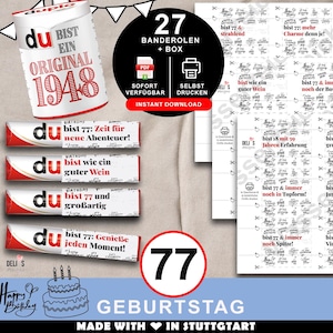 Duplo Banderolen, Geschenk 77. Geburtstag, Jahrgang 1948, Geburtstagsgeschenk Mann, Mitbringsel Frau, DIY Geschenkidee, 77 Jahre Feier, A181