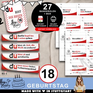 Duplo Banderolen, Geschenk 18. Geburtstag, Geburtstagsgeschenk Junge, Mitbringsel Mädchen, DIY Geschenkidee drucken, 18 Jahre Feier, A076
