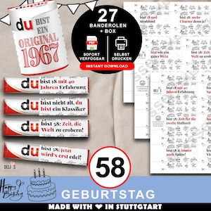 Duplo Banderolen, Geschenk 58. Geburtstag, Jahrgang 1967, Geburtstagsgeschenk Mann, Mitbringsel Frau, DIY Geschenkidee, 58 Jahre Feier, A198