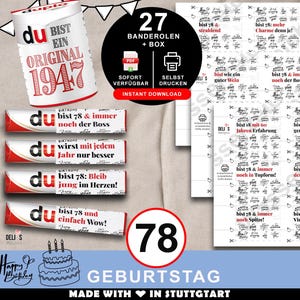 Duplo Banderolen, Geschenk 78. Geburtstag, Jahrgang 1947, Geburtstagsgeschenk Mann, Mitbringsel Frau, DIY Geschenkidee, 78 Jahre Feier, A180