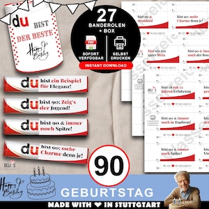 Duplo Banderolen, Geschenk 90. Geburtstag, Geburtstagsgeschenk Mann, Mitbringsel Frau, DIY Geschenkidee drucken, 90 Jahre Feier, pdf, A095