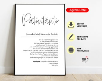 Poster Patentante Definition, personalisiertes Geschenk Pate Taufe, Taufpate Geburtstag, Weihnachtsgeschenk Tante, DIY, pdf sofort drucken