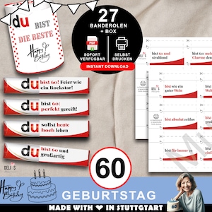 Duplo Banderolen, Geschenk 60. Geburtstag, Geburtstagsgeschenk Mann, Mitbringsel Frau, DIY Geschenkidee drucken, 60 Jahre Feier, pdf, A088