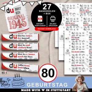 Duplo Banderolen, Geschenk 80. Geburtstag, Geburtstagsgeschenk Mann, Mitbringsel Frau, DIY Geschenkidee drucken, 80 Jahre Feier, pdf, A093