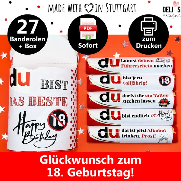 27 Duplo Banderolen 18. Geburtstag, Idee Geburtstagsgeschenk 18, Geschenkbox Junge, Kleinigkeit Geburtstag Mädchen, Du Botschaft, DIY pdf