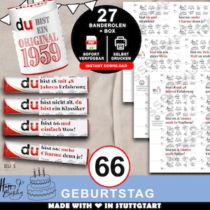 Duplo Banderolen, Geschenk 66. Geburtstag, Jahrgang 1959, Geburtstagsgeschenk Mann, Mitbringsel Frau, DIY Geschenkidee, 66 Jahre Feier, A191