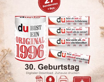 Duplo Banderolen, Geschenk 30. Geburtstag, Geburtstagsgeschenk Mann, Mitbringsel Frau, DIY Geschenkidee drucken, 30 Jahre Feier, pdf, A079