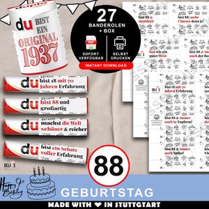 Duplo Banderolen, Geschenk 88. Geburtstag, Jahrgang 1937, Geburtstagsgeschenk Mann, Mitbringsel Frau, DIY Geschenkidee, 88 Jahre Feier, A171
