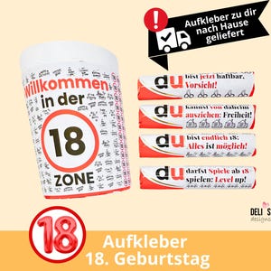 Duplo Banderolen 18. Geburtstag – Geschenkidee für Junge & Mädchen, Deko Party, Überraschung Volljährigkeit, DIY Aufkleber, Versand