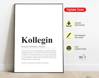 Póster con definición de colega, regalo personalizado, regalo de cumpleaños para mujer, regalo de despedida por jubilación, agradecimiento de aniversario, PDF instantáneo, A139