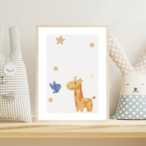 Poster Giraffe, Aquarell Wanddeko Babyzimmer, Geschenkidee Geburt Safari, Einschulung Geschenk Tier, sanfte Töne, pdf sofort drucken, A159
