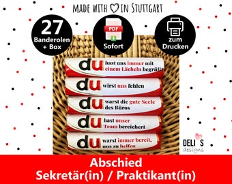 27 Duplo Banderolen Abschied Sekretärin, Idee Geschenk Praktikant Azubi, Geschenkbox Kollege Rente, Mitbringsel Arbeit Mann Frau, DIY pdf