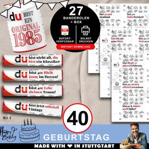 Duplo Banderolen, Geschenk 40. Geburtstag, Geburtstagsgeschenk Mann, Mitbringsel Frau, DIY Geschenkidee drucken, 40 Jahre Feier, pdf, A080