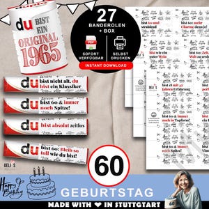 Duplo Banderolen, Geschenk 60. Geburtstag, Geburtstagsgeschenk Mann, Mitbringsel Frau, DIY Geschenkidee drucken, 60 Jahre Feier, pdf, A086