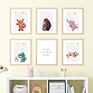 Conjunto de 6 pósteres para habitaciones de bebé: animales de acuarela para habitaciones infantiles, decoraciones de pared de la jungla, regalos para el nacimiento de un bebé, futuros padres, niño, A4 A5 PDF, A153