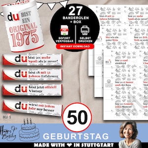 Duplo Banderolen, Geschenk 50. Geburtstag, Jahrgang 1975, Geburtstagsgeschenk Mann, Mitbringsel Frau, DIY Geschenkidee, 50 Jahre Feier, A083