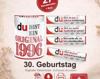 Duplo Banderolen, Geschenk 30. Geburtstag, Geburtstagsgeschenk Mann, Mitbringsel Frau, DIY Geschenkidee drucken, 30 Jahre Feier, pdf, A077