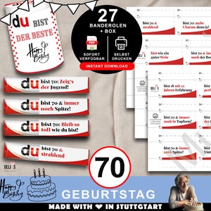 Duplo Banderolen, Geschenk 70. Geburtstag, Geburtstagsgeschenk Mann, Mitbringsel Frau, DIY Geschenkidee drucken, 70 Jahre Feier, pdf, A090