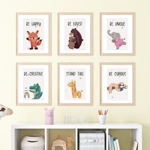 Conjunto de 6 carteles para habitación de bebé - animales acuarela afirmación, decoración de pared para habitaciones infantiles, regalo para el primer día de colegio del niño, nacimiento del bebé, impresión PDF A4 A5, A154