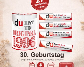 Duplo Banderolen, Geschenk 30. Geburtstag, Geburtstagsgeschenk Mann, Mitbringsel Frau, DIY Geschenkidee drucken, 30 Jahre Feier, pdf, A078