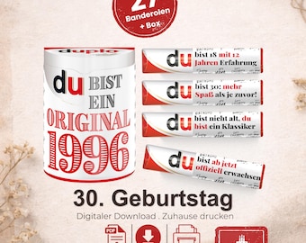 Duplo Banderolen, Geschenk 30. Geburtstag, Jahrgang 1996, Geburtstagsgeschenk Mann, Mitbringsel Frau, DIY Geschenkidee, 30 Jahre Feier, A077
