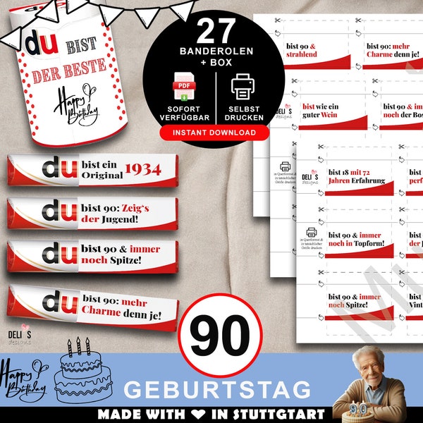 Duplo Banderolen, Geschenk 90. Geburtstag, Geburtstagsgeschenk Mann, Mitbringsel Frau, DIY Geschenkidee, 90 Jahre Feier, pdf zum ausdrucken