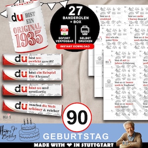 Duplo Banderolen, Geschenk 90. Geburtstag, Geburtstagsgeschenk Mann, Mitbringsel Frau, DIY Geschenkidee drucken, 90 Jahre Feier, pdf, A096