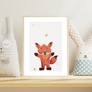 Póster zorro, acuarela decoración pared habitación bebé, idea regalo nacimiento animal bosque, regalo inscripción escuela animal, tonos suaves, impresión PDF inmediatamente, A158