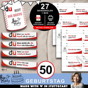 Duplo Banderolen, Geschenk 50. Geburtstag, Geburtstagsgeschenk Mann, Mitbringsel Frau, DIY Geschenkidee drucken, 50 Jahre Feier, pdf, A085