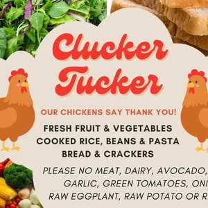 May include: A colorful illustration of two chickens with the text "Clucker Tucker" and the message "Our chickens say thank you!"  The text below lists food items that can be given to chickens, including fresh fruit and vegetables, cooked rice, beans and pasta, bread and crackers. The text also lists food items that should not be given to chickens, including meat, dairy, avocado, garlic, green tomatoes, onions, raw eggplant, raw potato or rhubarb. The text ends with "Help reduce waste Green Life Sk."