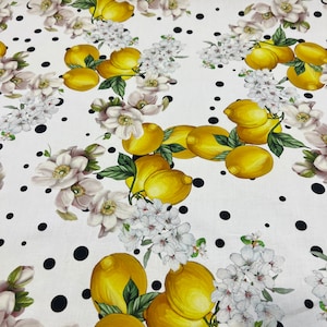 Italian cotton popolin high quality premium fabric/ Designer floral and lemon print/ Alta moda luxury textile natural fabric by the yard