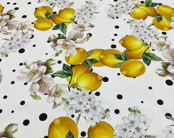 Italienischer Baumwoll-Popeline, hochwertiger Premiumstoff/ Designer-Blumen- und Zitronendruck/ Alta Moda Luxustextil, Naturstoff, Meterware