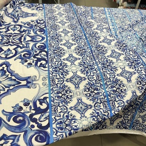 Italian cotton poplin high quality premium fabric/ Designer maiolica print panel 140 cm/ Alta moda luxury natural textile fabric by the yard