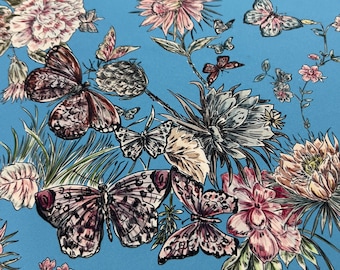 Crepe de chine pure silk high quality premium Italian fabric/ Designer butterflies print/ Alta moda luxury textile natural fabric by yard