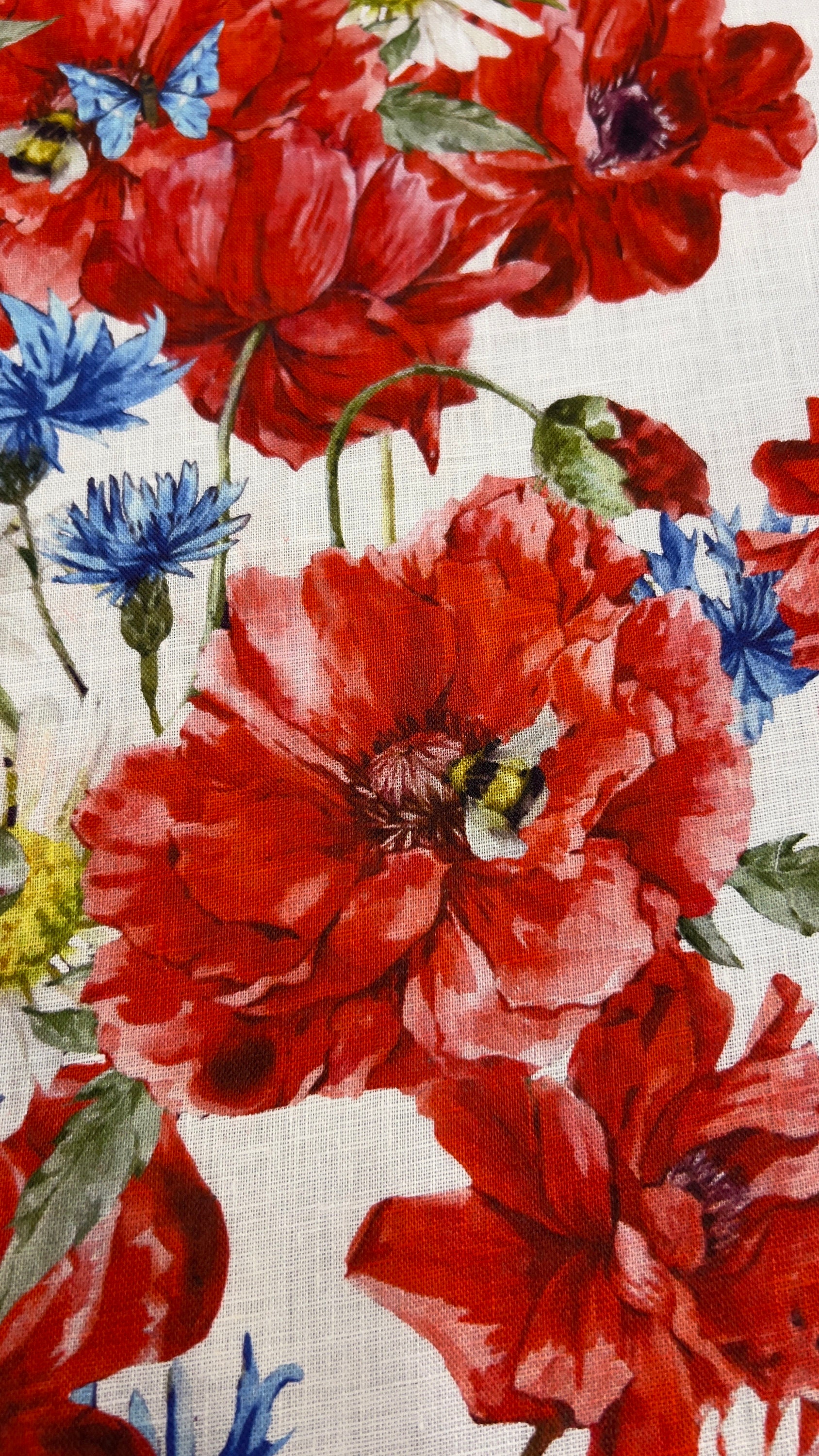 Italian pure linen high quality premium fabric/ Designer floral poppies print/ Alta moda luxury textile natural fabric by the yard