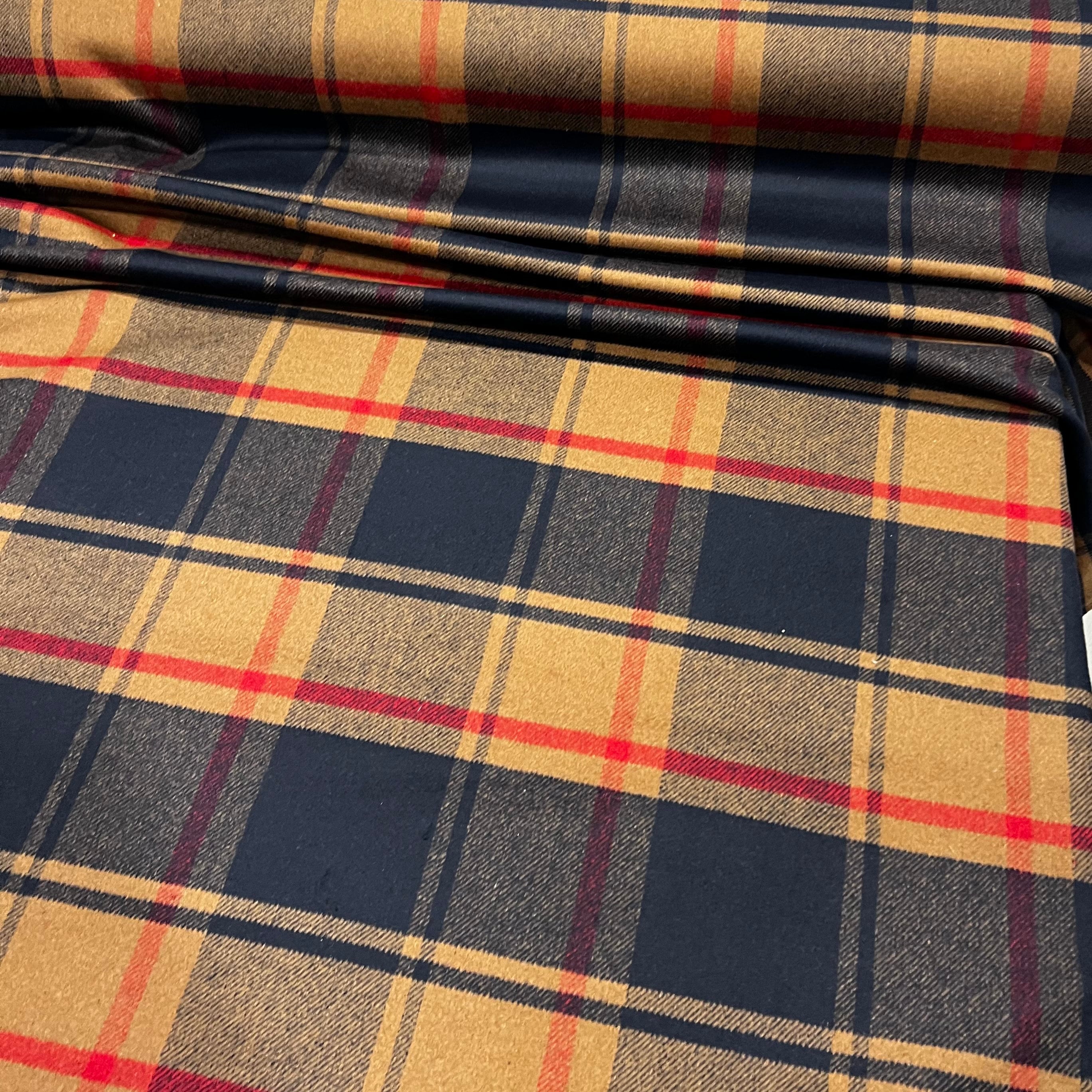 Italian wool high quality premium fabric/ Designer geometric camel dark blue print/ Alta moda luxury textile fabric by the yard