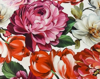 May include: A white background with a floral pattern featuring pink, red, and white flowers. The flowers are painted in a realistic style and have a variety of shapes and sizes.