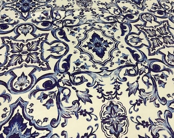 Pure silk charmeuse premium high quality Italian fabric/ Designer maiolica print/ Alta moda luxury textile natural fabric by the yard